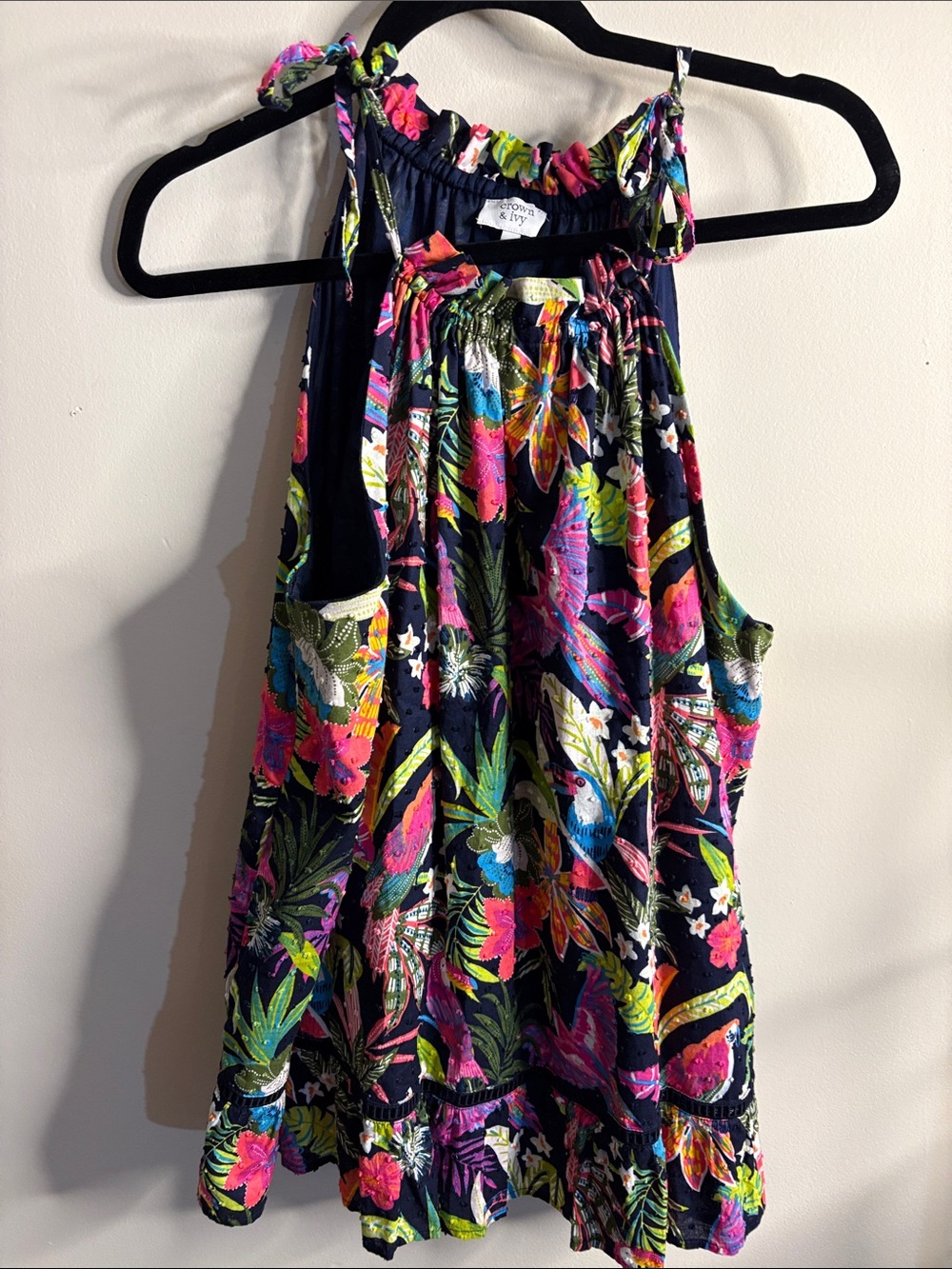 crown & ivy Navy Tropical Floral Halter Dress with Bright Floral Print